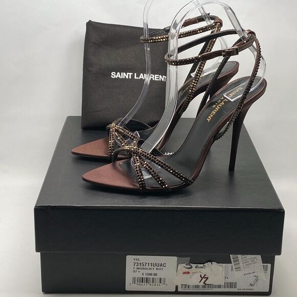 Saint Laurent Ava Sandals in Crepe Satin with Rhinestones size 37.5 - Picture 13 of 16